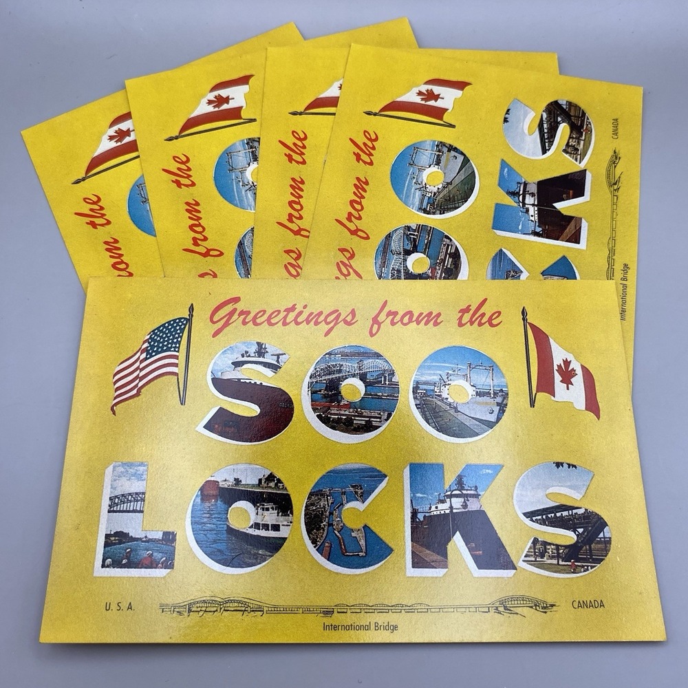 Lot of 5 Greetings From The Soo Locks USA To Canada Bridge MI 1950s Postcards